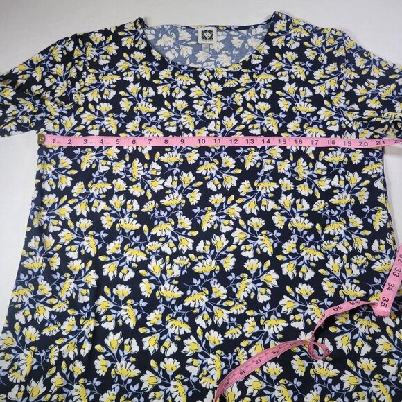Anne Klein Women Dark Floral Navy/Yellow Short Sleeve Lightweight Top Size L - Picture 7 of 8
